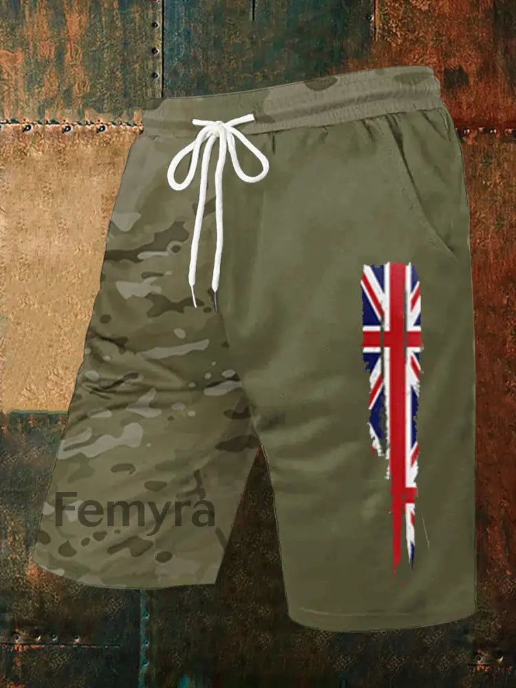 Mens Camouflage Union Jack Casual Pants Army Green / S