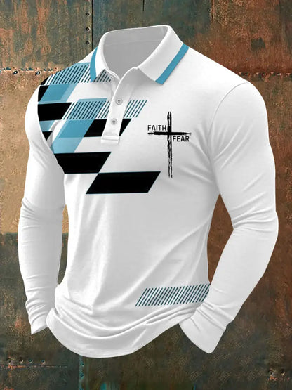 Men’s Faith Over Fear Cross Faith Geometric Print Casual Long-Sleeve Polo Blue / S