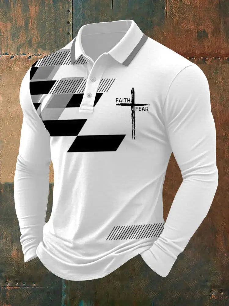 Men’s Faith Over Fear Cross Faith Geometric Print Casual Long-Sleeve Polo Gray / S