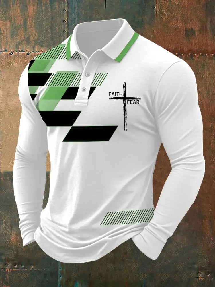 Men’s Faith Over Fear Cross Faith Geometric Print Casual Long-Sleeve Polo Green / S