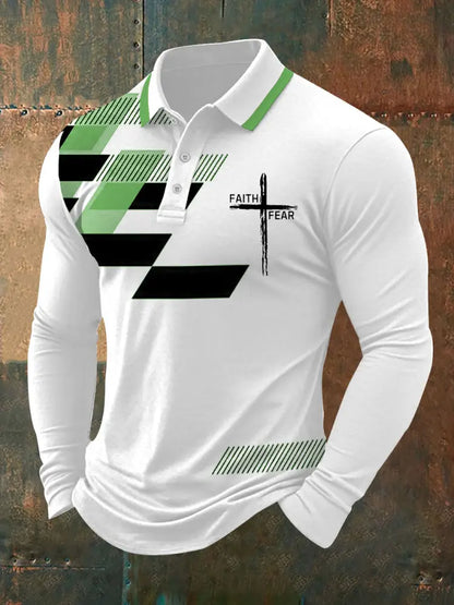 Men’s Faith Over Fear Cross Faith Geometric Print Casual Long-Sleeve Polo Green / S