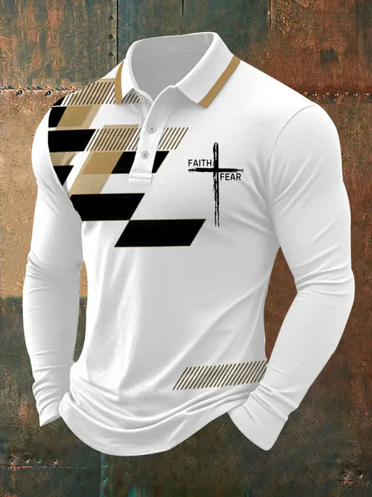 Men’s Faith Over Fear Cross Faith Geometric Print Casual Long-Sleeve Polo Khaki / S