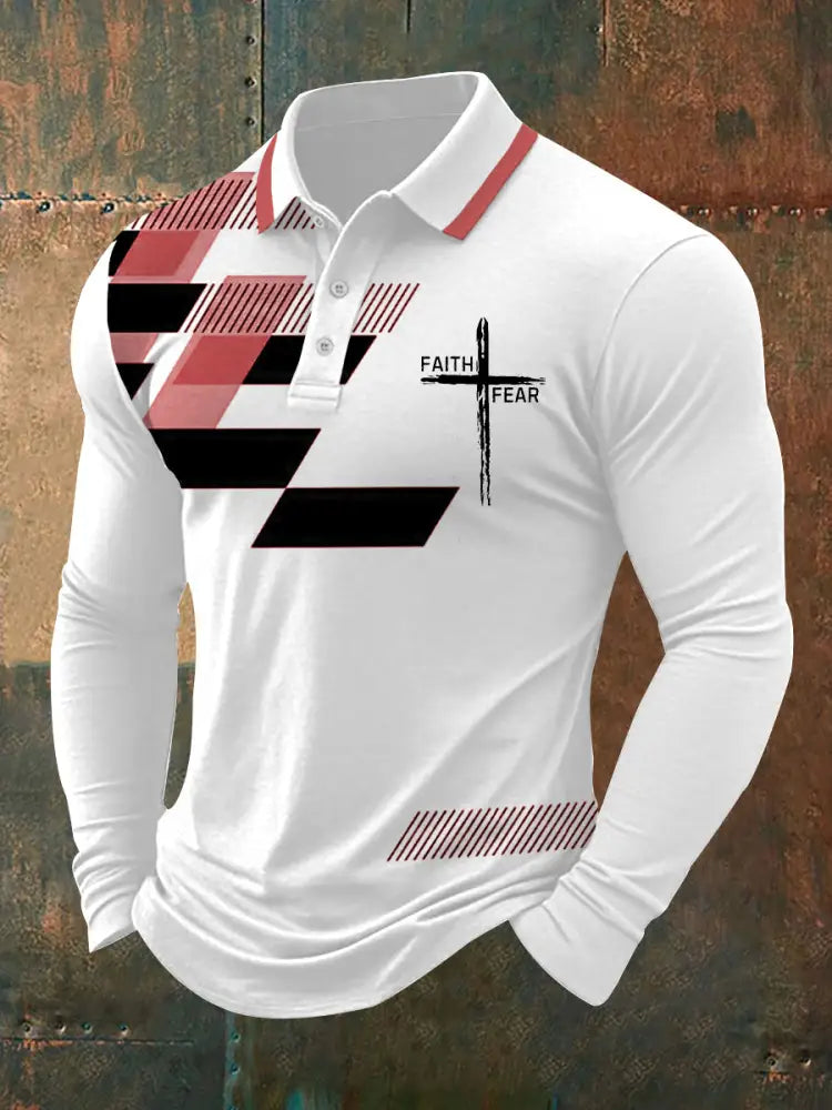 Men’s Faith Over Fear Cross Faith Geometric Print Casual Long-Sleeve Polo Red / S