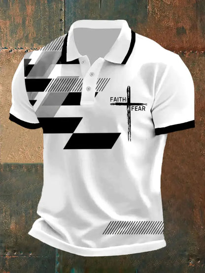 Men’s Faith Over Fear Cross Faith Geometric Print Casual Polo Black / S