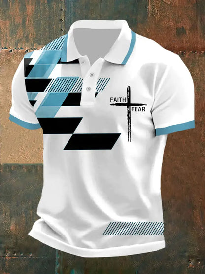 Men’s Faith Over Fear Cross Faith Geometric Print Casual Polo Blue / S