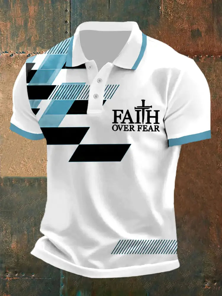 Men’s Faith Over Fear Cross Faith Geometric Print Casual Polo Blue / S