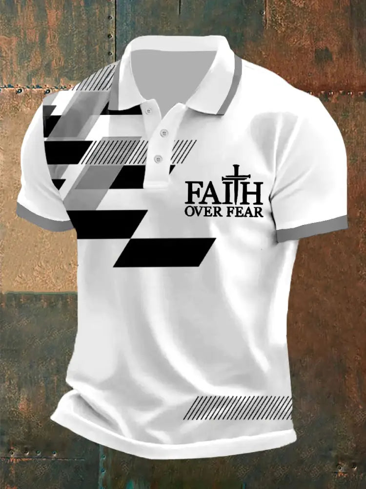 Men’s Faith Over Fear Cross Faith Geometric Print Casual Polo Gray / S