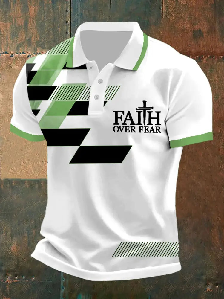 Men’s Faith Over Fear Cross Faith Geometric Print Casual Polo Green / S