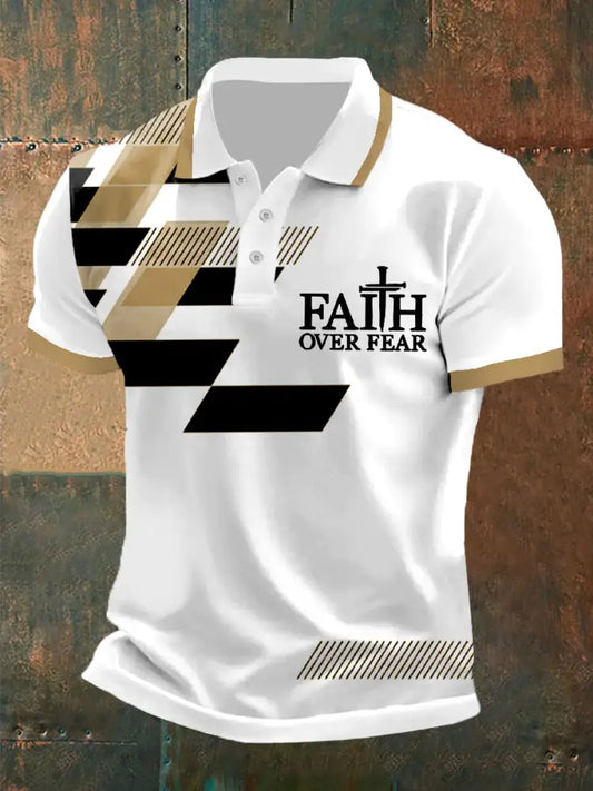Men’s Faith Over Fear Cross Faith Geometric Print Casual Polo Khaki / S