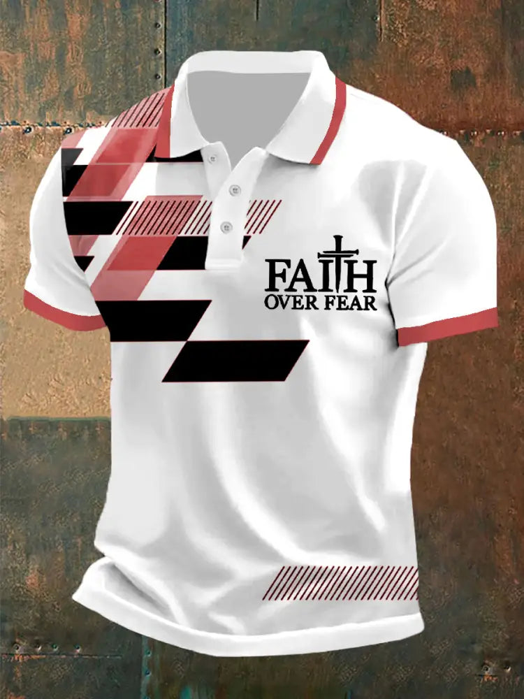 Men’s Faith Over Fear Cross Faith Geometric Print Casual Polo Red / S
