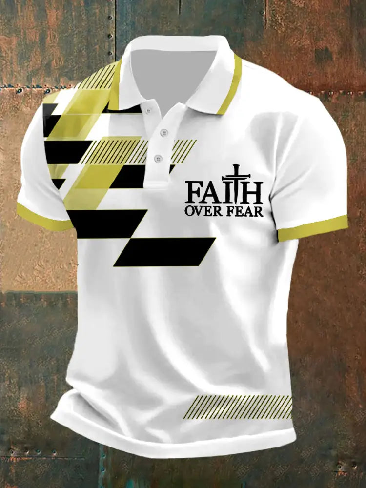 Men’s Faith Over Fear Cross Faith Geometric Print Casual Polo Yellow / S