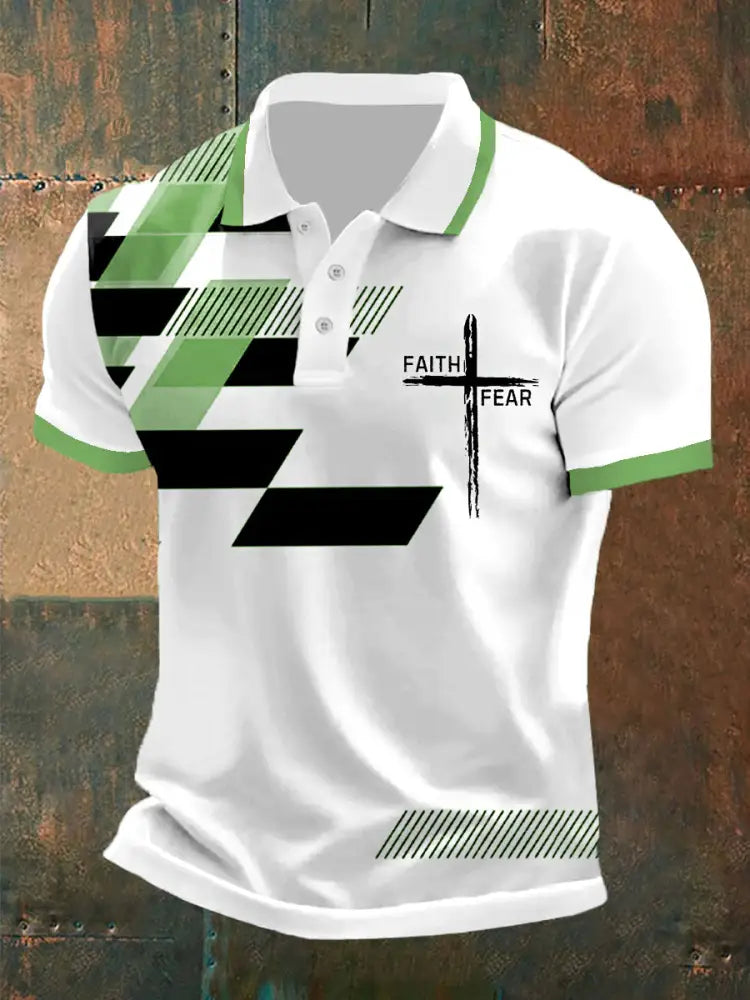 Men’s Faith Over Fear Cross Faith Geometric Print Casual Polo Green / S