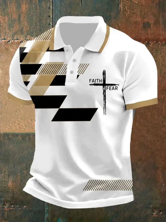 Men’s Faith Over Fear Cross Faith Geometric Print Casual Polo Khaki / S