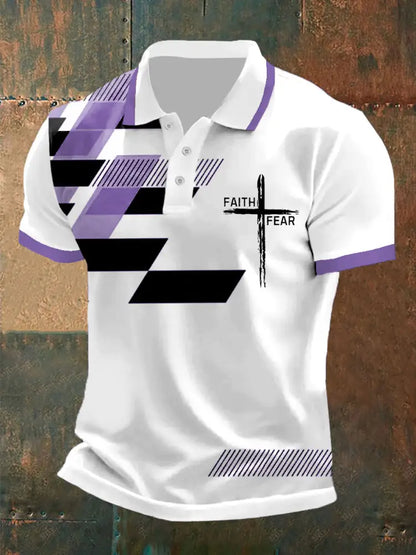 Men’s Faith Over Fear Cross Faith Geometric Print Casual Polo Purple / S