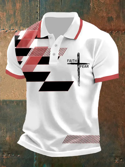 Men’s Faith Over Fear Cross Faith Geometric Print Casual Polo Red / S