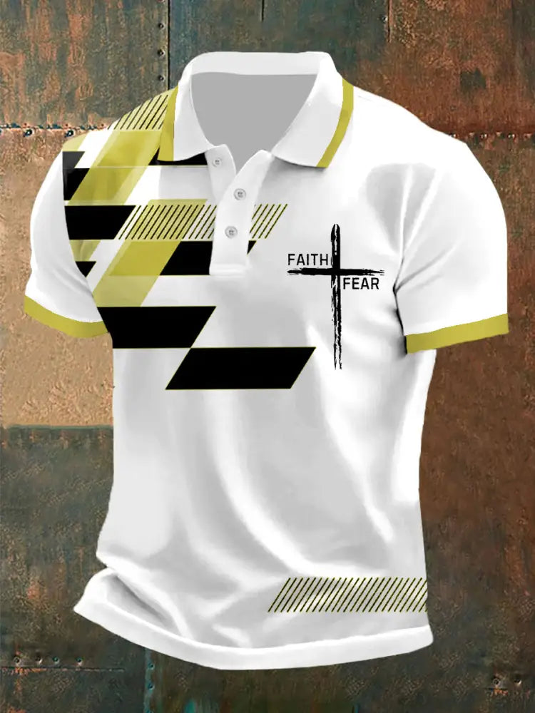 Men’s Faith Over Fear Cross Faith Geometric Print Casual Polo Yellow / S