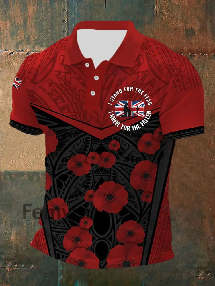 Men’s Kneel For The Fallen Printed Button T-Shirt Red / S