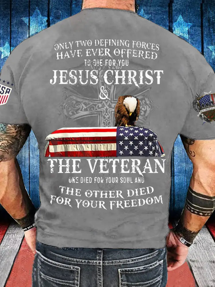 Men’s Memorial Day The Veteran And Jesus Printed T-shirt Light Gray / S