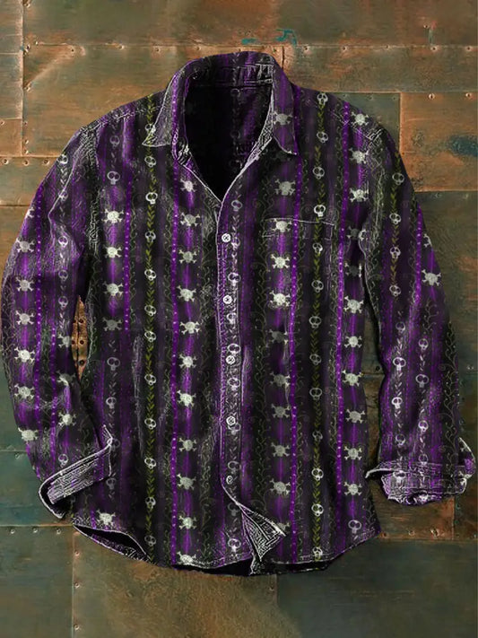 Men’s Outdoor Vintage Punk Gothic Death Vine Skull Pattern Casual Cotton Long Sleeve Shirt Purple / S