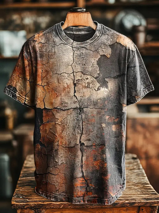 Unisex Retro 3D Cracked Distressed Printed Casual Loose T-shirt Colorful / S