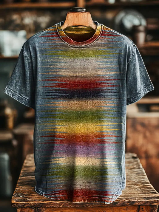 Unisex Retro Abstract Color Line Print Casual Loose Short Sleeve T-Shirt Colorful / S