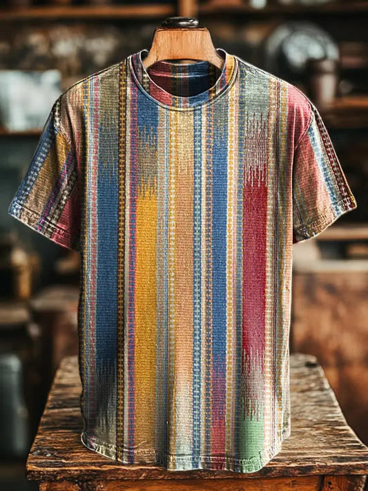 Unisex Retro Abstract Stripe Print Casual Loose Short Sleeve T-Shirt Colorful / S