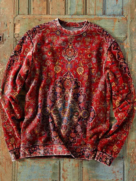 Men’s Retro Ethnic Floral Art Print Cotton Crew Neck Sweatshirt Colorful / S