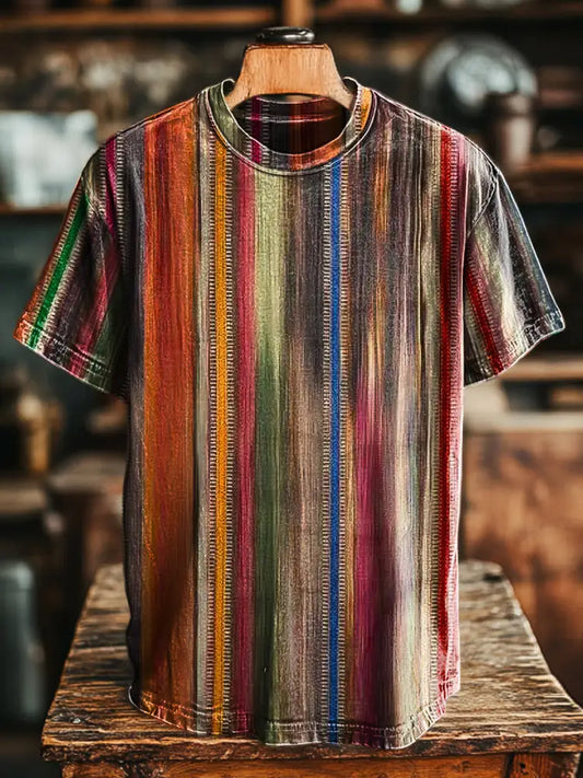 Unisex Retro Multicolor Striped Printed Casual Loose Short Sleeve T-Shirt Colorful / S