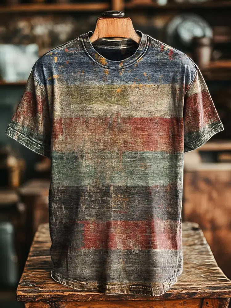 Unisex Retro Stripe Printed Old Casual Loose Short Sleeve T-Shirt Colorful / S