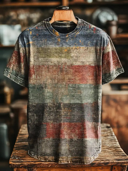 Unisex Retro Stripe Printed Old Casual Loose Short Sleeve T-Shirt Colorful / S