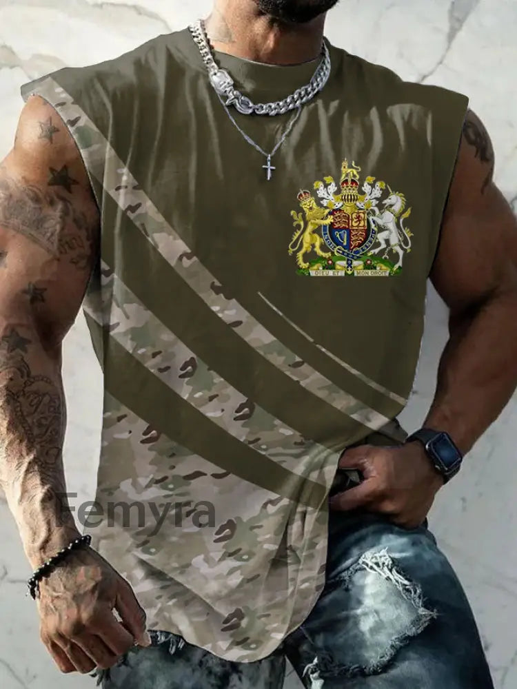 Men’s UK Flag Camouflage Print Casual Tank Top Army Green / S