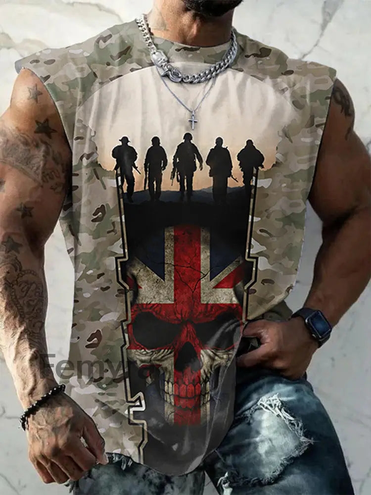 Men’s UK Flag Camouflage Skull Print Casual Tank Top Camouflage / S