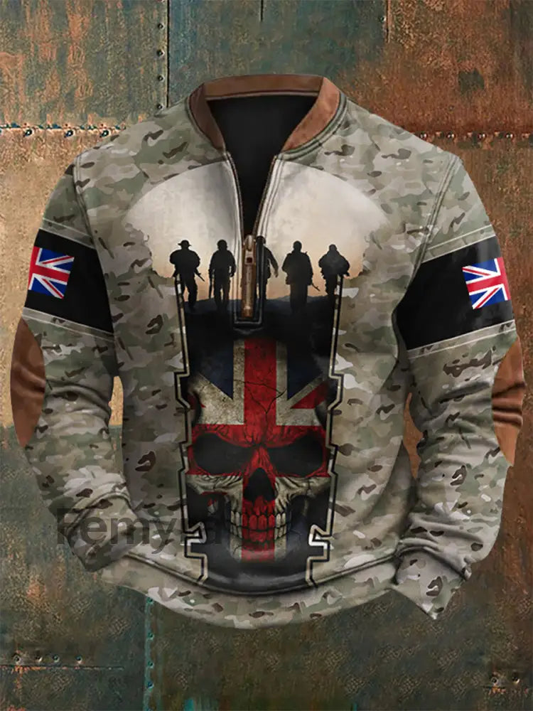 Men’s UK Flag Camouflage Skull Print Casual Zipper Sweatshirt Camouflage / S