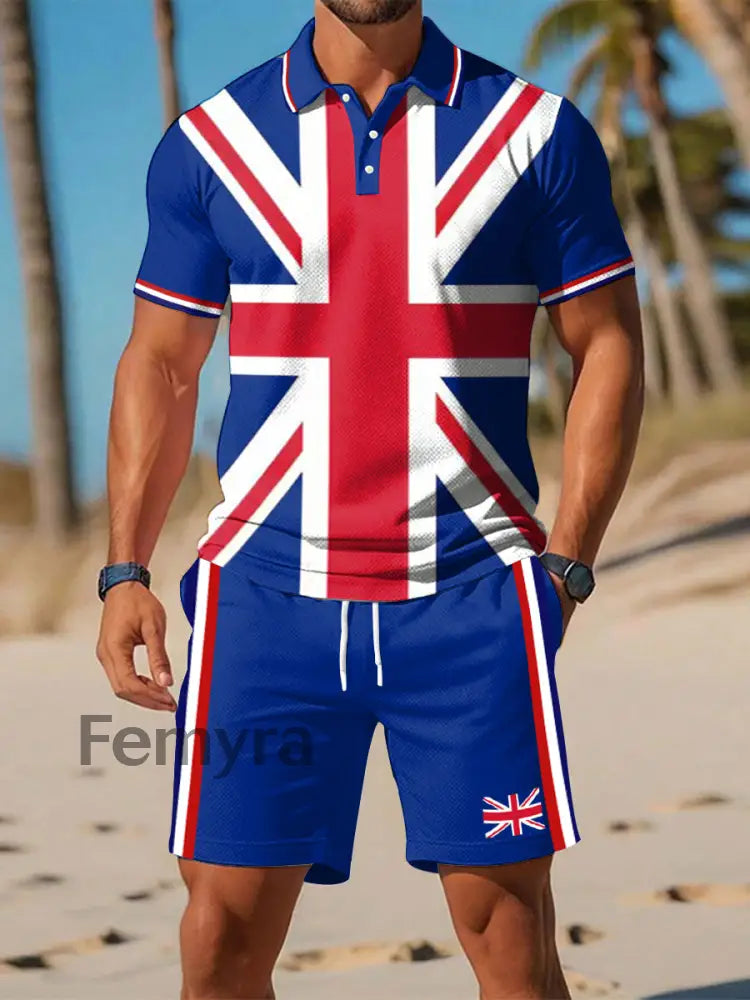 Men’s UK Flag Print Casual Two-Piece Set Blue / S