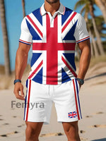 Men’s UK Flag Print Casual Two-Piece Set White / S