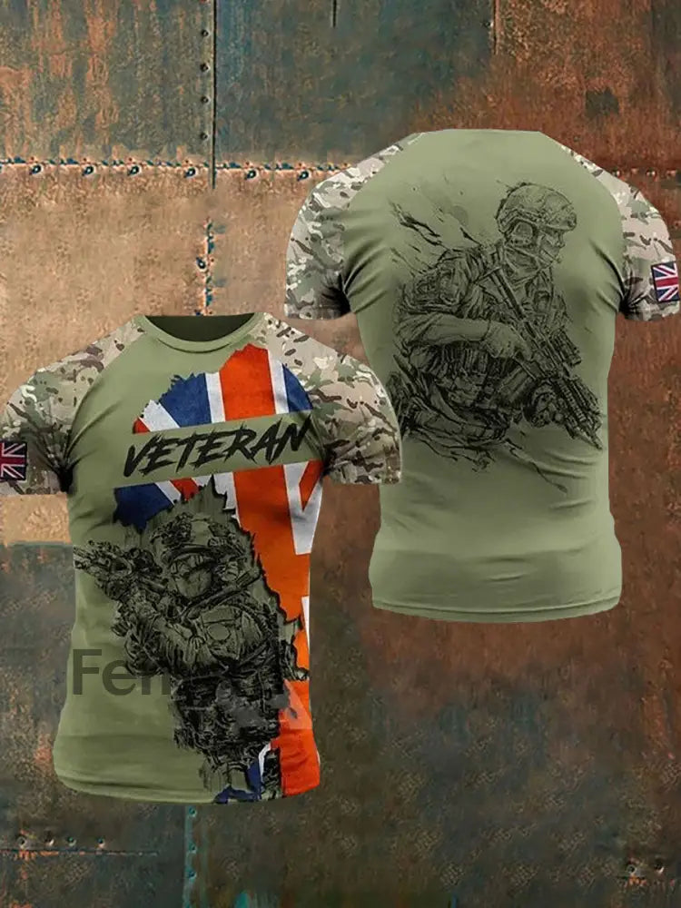 Men’s UK Flag Printed Casual Short Sleeve T-shirt Army Green / S