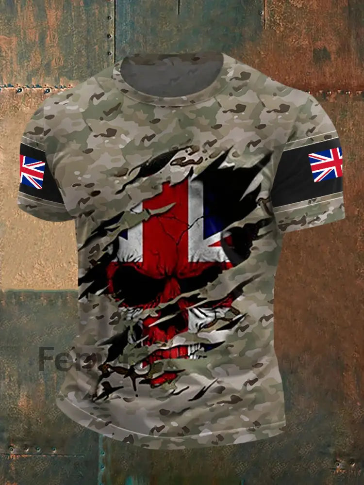 Men’s UK Flag Skull Camouflage Print Casual Tee Camouflage / S