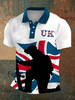Men’s Union Jack Printed Polo Neck Plunger Short Sleeve T-Shirt White / S