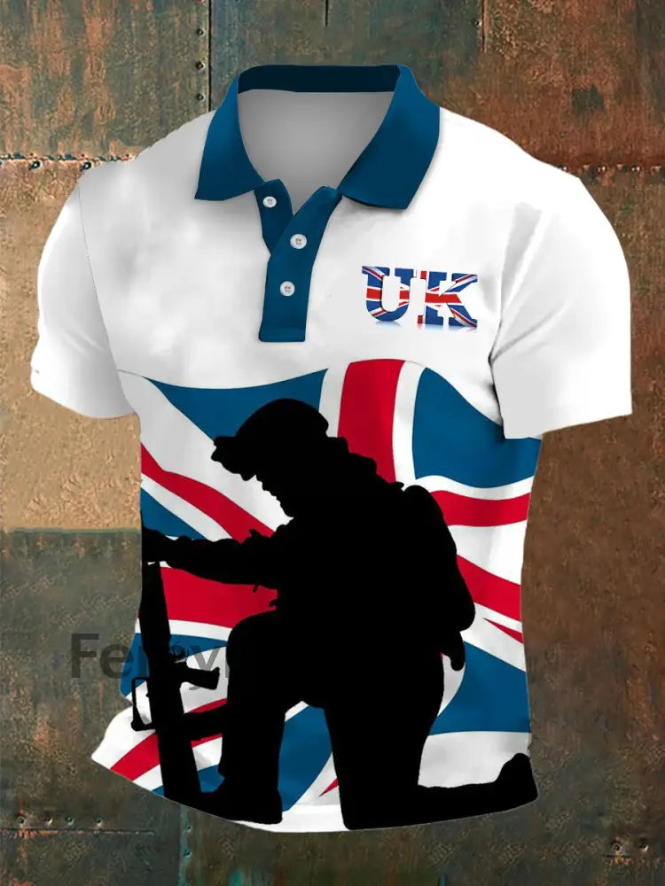 Men’s Union Jack Printed Polo Neck Plunger Short Sleeve T-Shirt White / S