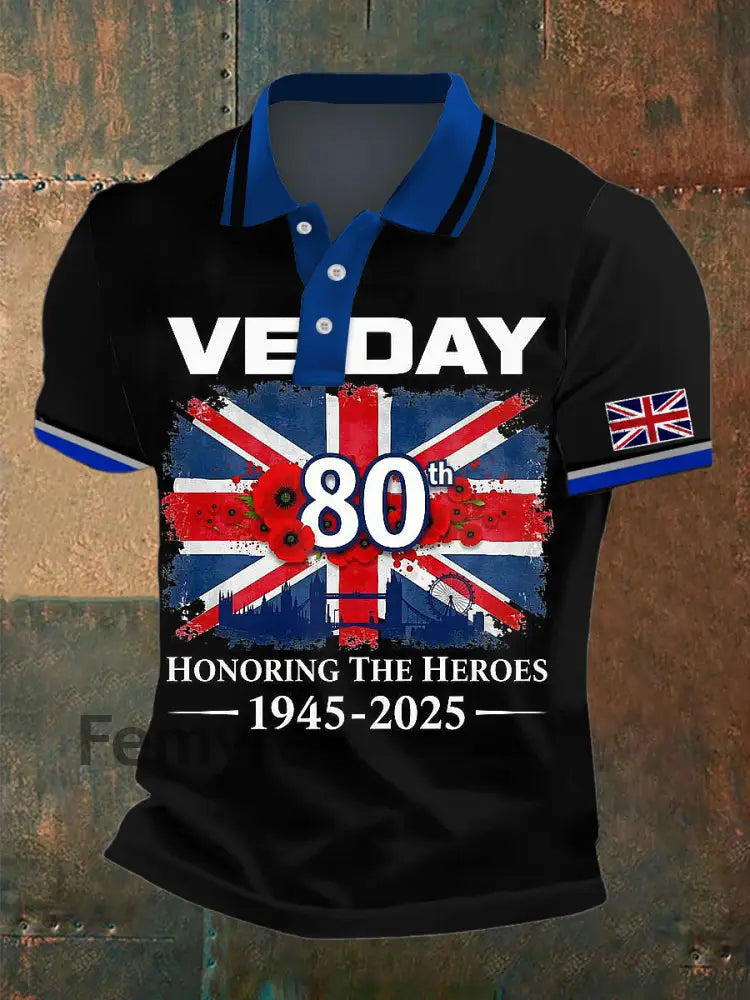 Men’s VE DAY Print Polo Neck Plunger Short Sleeve T-Shirt Black / S
