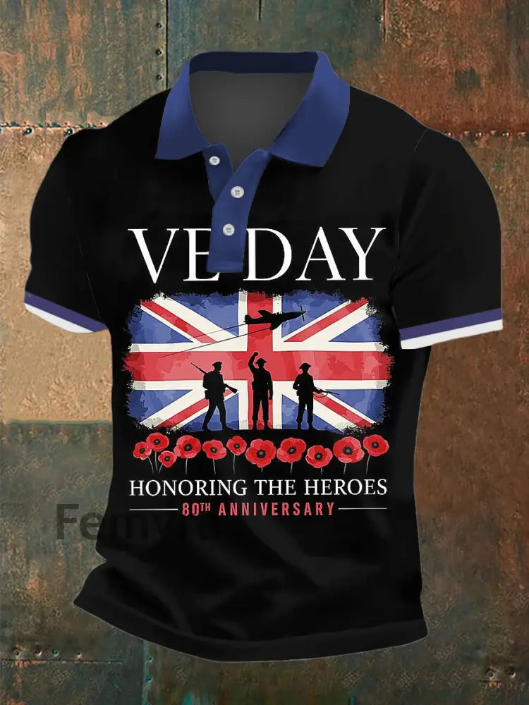 Men’s VE DAY Print Polo Neck Plunger Short Sleeve T-Shirt Black / S