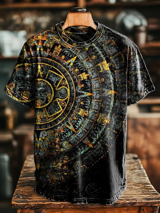 Unisex Vintage Compass Abstract Print Casual Loose Short Sleeve T-Shirt Colorful / S