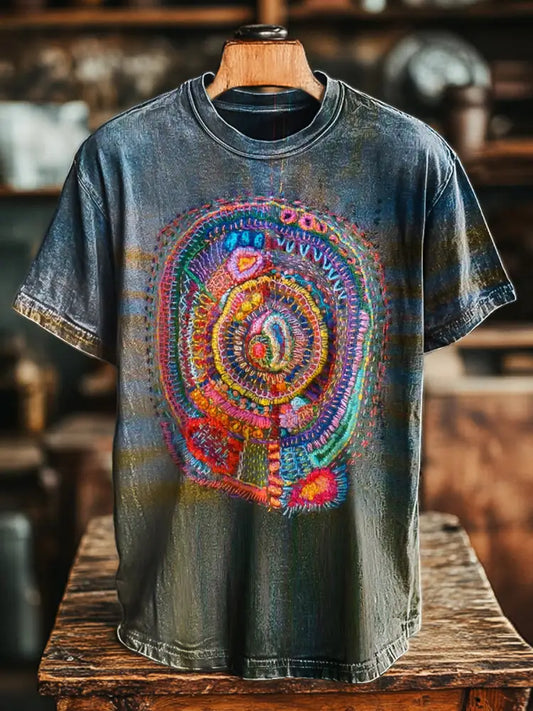 Unisex Vintage Line Embroidery Printed Casual Loose Short Sleeve T-Shirt Colorful / S