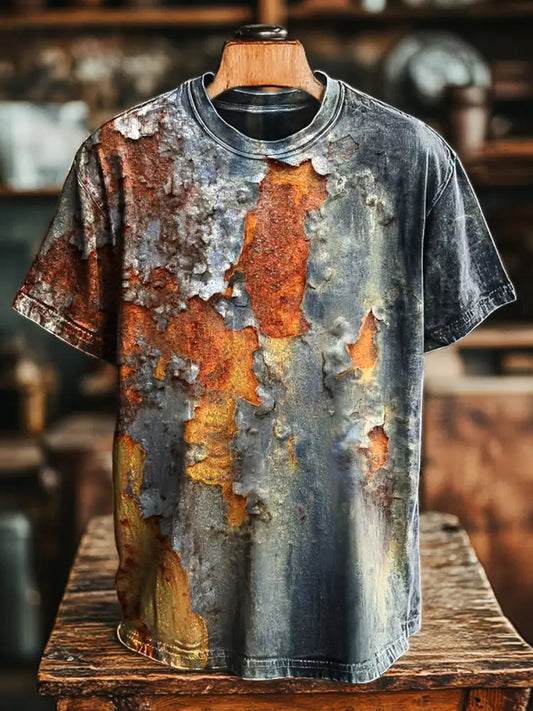 Unisex Vintage Textured Mottled Art Print Casual Loose T-Shirt Colorful / S