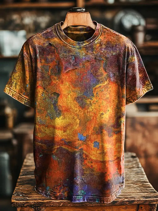 Unisex Vintage Textured Mottled Print Casual Loose Short Sleeve T-Shirt Colorful / S