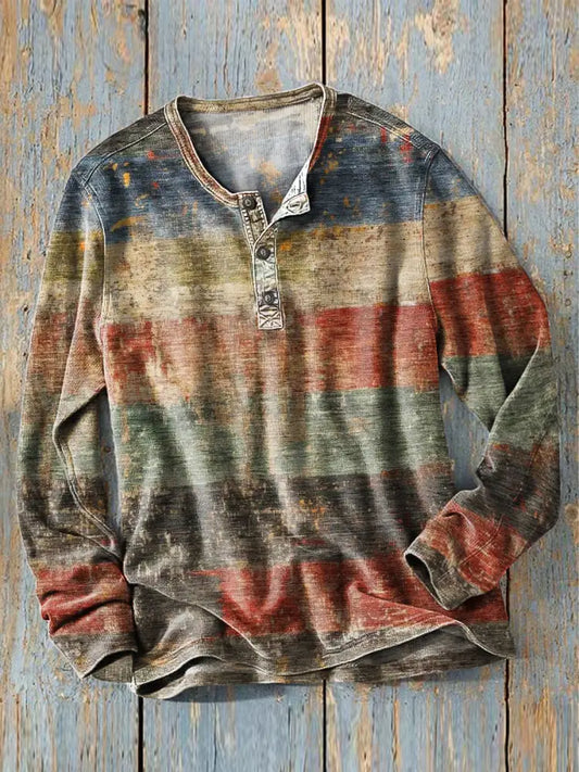 Men’s Vintage Western Color Stripe Art Print Long Sleeve Henley Shirt Colorful / S