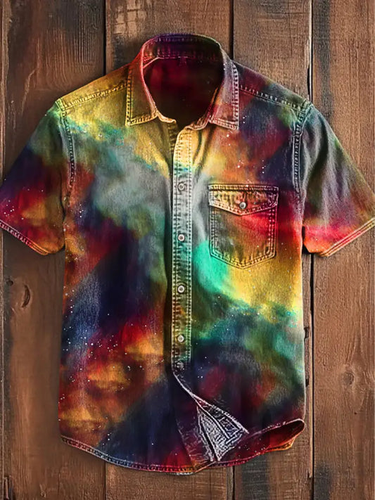 Unisex Men’s Vintage Western Colorful Magic Abstract Print Casual Short Sleeve Pocket Shirt As picture / S