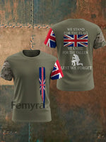Men’s We Stand For The Flag We Kneel For The Fallen Lest We Forget UK Flag Camouflage Print Casual Tee Army Green / S