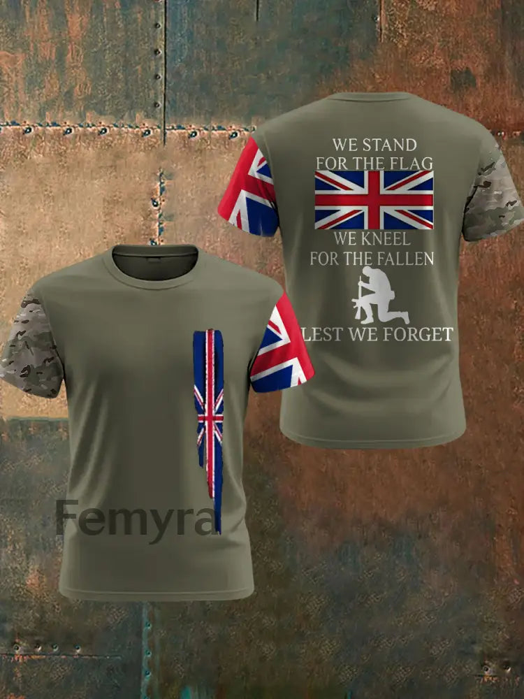 Men’s We Stand For The Flag We Kneel For The Fallen Lest We Forget UK Flag Camouflage Print Casual Tee Army Green / S