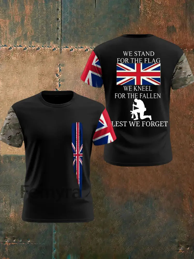 Men’s We Stand For The Flag We Kneel For The Fallen Lest We Forget UK Flag Camouflage Print Casual Tee Black / S